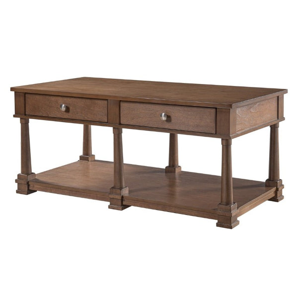 English Elm Vibe Haus Farmhouse Coffee Table Solid Wood Legs Two Drawers Open Shelf Living Room Brown N893P473195D