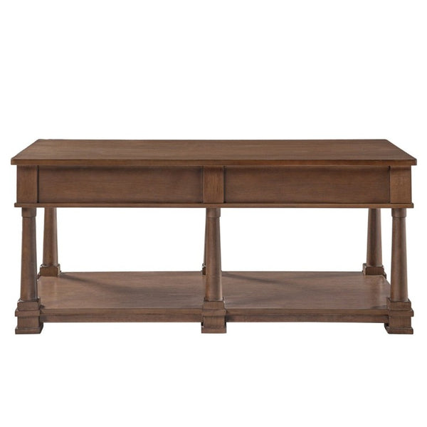 English Elm Vibe Haus Farmhouse Coffee Table Solid Wood Legs Two Drawers Open Shelf Living Room Brown N893P473195D