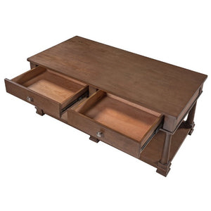 English Elm Vibe Haus Farmhouse Coffee Table Solid Wood Legs Two Drawers Open Shelf Living Room Brown N893P473195D