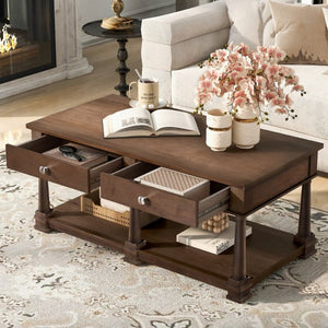 English Elm Vibe Haus Farmhouse Coffee Table Solid Wood Legs Two Drawers Open Shelf Living Room Brown N893P473195D