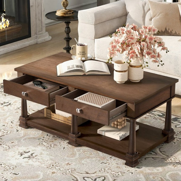 English Elm Vibe Haus Farmhouse Coffee Table Solid Wood Legs Two Drawers Open Shelf Living Room Brown N893P473195D