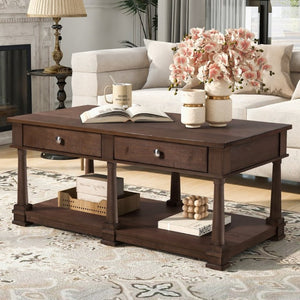 English Elm Vibe Haus Farmhouse Coffee Table Solid Wood Legs Two Drawers Open Shelf Living Room Brown N893P473195D