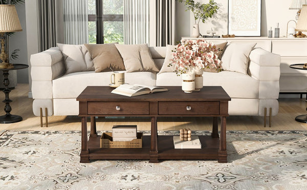 English Elm Vibe Haus Farmhouse Coffee Table Solid Wood Legs Two Drawers Open Shelf Living Room Brown N893P473195D