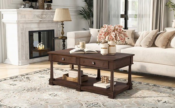 English Elm Vibe Haus Farmhouse Coffee Table Solid Wood Legs Two Drawers Open Shelf Living Room Brown N893P473195D