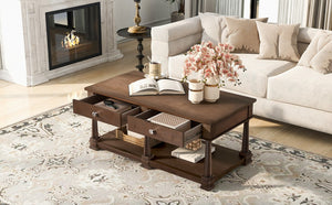 English Elm Vibe Haus Farmhouse Coffee Table Solid Wood Legs Two Drawers Open Shelf Living Room Brown N893P473195D