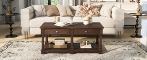 English Elm Vibe Haus Farmhouse Coffee Table Solid Wood Legs Two Drawers Open Shelf Living Room Brown N893P473195D
