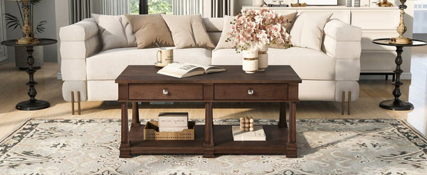 English Elm Vibe Haus Farmhouse Coffee Table Solid Wood Legs Two Drawers Open Shelf Living Room Brown N893P473195D