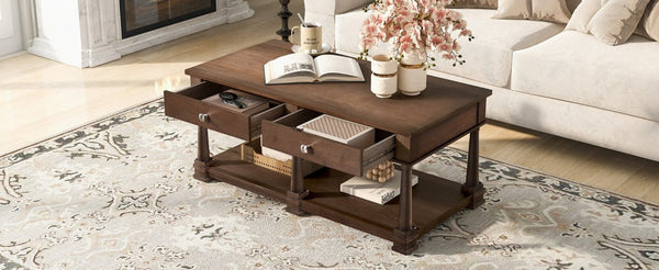 English Elm Vibe Haus Farmhouse Coffee Table Solid Wood Legs Two Drawers Open Shelf Living Room Brown N893P473195D