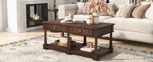 English Elm Vibe Haus Farmhouse Coffee Table Solid Wood Legs Two Drawers Open Shelf Living Room Brown N893P473195D