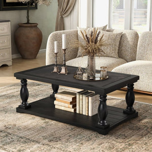 English Elm Vibe Haus Farmhouse Coffee Table Solid Wood Spindle Legs Two Tier Shelf Living Room Black N893P473252B