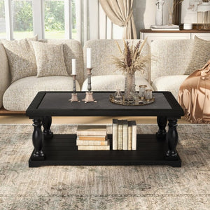 English Elm Vibe Haus Farmhouse Coffee Table Solid Wood Spindle Legs Two Tier Shelf Living Room Black N893P473252B