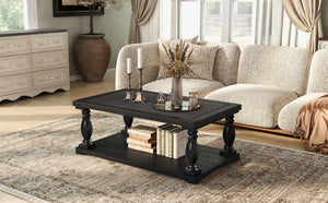 English Elm Vibe Haus Farmhouse Coffee Table Solid Wood Spindle Legs Two Tier Shelf Living Room Black N893P473252B