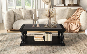 English Elm Vibe Haus Farmhouse Coffee Table Solid Wood Spindle Legs Two Tier Shelf Living Room Black N893P473252B