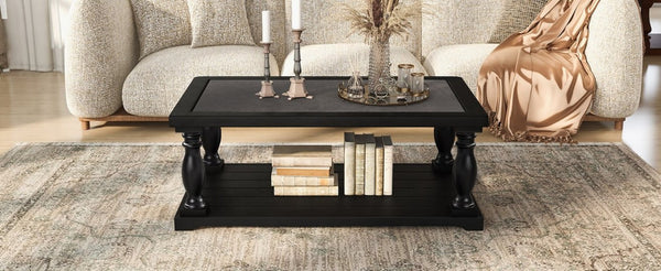 English Elm Vibe Haus Farmhouse Coffee Table Solid Wood Spindle Legs Two Tier Shelf Living Room Black N893P473252B