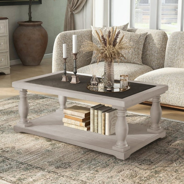 English Elm Vibe Haus Farmhouse Coffee Table Solid Wood Spindle Legs Two Tier Shelf Living Room Brown N893P473252D