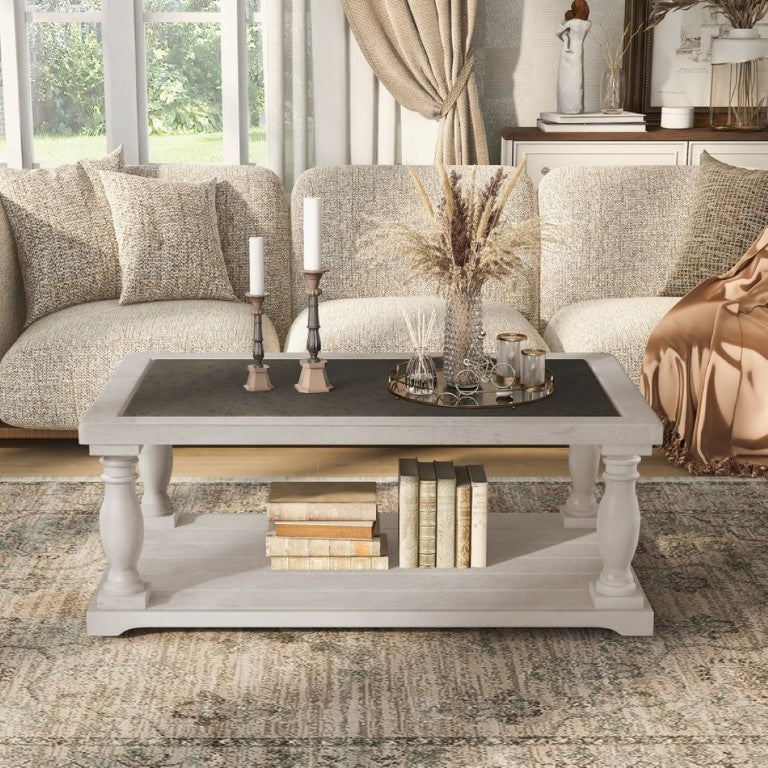 English Elm Vibe Haus Farmhouse Coffee Table Solid Wood Spindle Legs Two Tier Shelf Living Room Brown N893P473252D