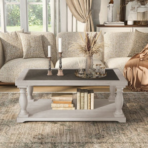 English Elm Vibe Haus Farmhouse Coffee Table Solid Wood Spindle Legs Two Tier Shelf Living Room Brown N893P473252D