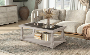 English Elm Vibe Haus Farmhouse Coffee Table Solid Wood Spindle Legs Two Tier Shelf Living Room Brown N893P473252D