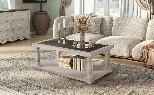 English Elm Vibe Haus Farmhouse Coffee Table Solid Wood Spindle Legs Two Tier Shelf Living Room Brown N893P473252D