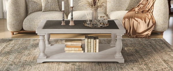 English Elm Vibe Haus Farmhouse Coffee Table Solid Wood Spindle Legs Two Tier Shelf Living Room Brown N893P473252D