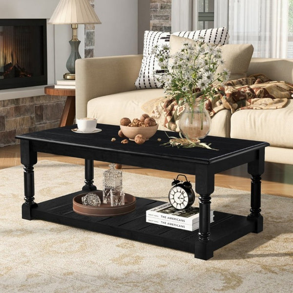 English Elm Vibe Haus Two Tier Farmhouse Coffee Table Spindle Legs Open Shelf Living Room Black N893P473265B