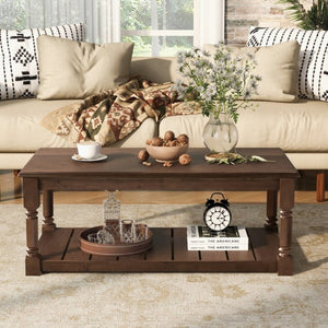 English Elm Vibe Haus Two Tier Farmhouse Coffee Table Spindle Legs Open Shelf Living Room Brown N893P473265D