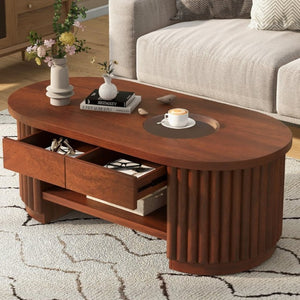 English Elm Vibe Haus Fluted Oval Wood Coffee Table with Glass Inset Two Drawers Living Room Brown N893P473269D