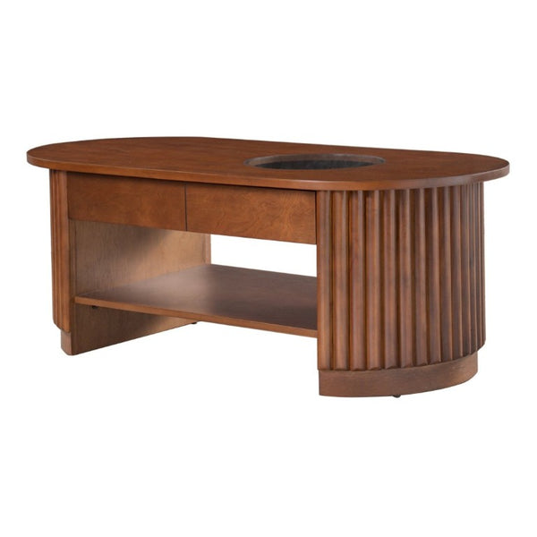 English Elm Vibe Haus Fluted Oval Wood Coffee Table with Glass Inset Two Drawers Living Room Brown N893P473269D