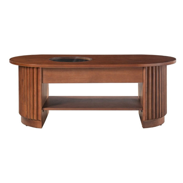 English Elm Vibe Haus Fluted Oval Wood Coffee Table with Glass Inset Two Drawers Living Room Brown N893P473269D