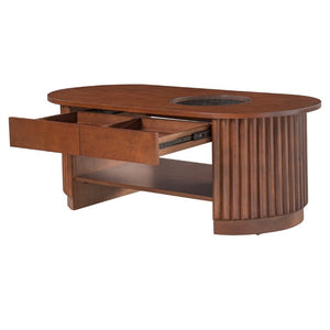 English Elm Vibe Haus Fluted Oval Wood Coffee Table with Glass Inset Two Drawers Living Room Brown N893P473269D
