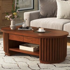 English Elm Vibe Haus Fluted Oval Wood Coffee Table with Glass Inset Two Drawers Living Room Brown N893P473269D