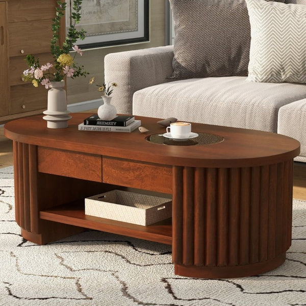 English Elm Vibe Haus Fluted Oval Wood Coffee Table with Glass Inset Two Drawers Living Room Brown N893P473269D
