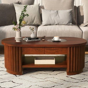 English Elm Vibe Haus Fluted Oval Wood Coffee Table with Glass Inset Two Drawers Living Room Brown N893P473269D