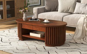 English Elm Vibe Haus Fluted Oval Wood Coffee Table with Glass Inset Two Drawers Living Room Brown N893P473269D