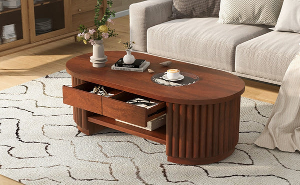 English Elm Vibe Haus Fluted Oval Wood Coffee Table with Glass Inset Two Drawers Living Room Brown N893P473269D