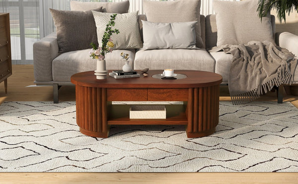 English Elm Vibe Haus Fluted Oval Wood Coffee Table with Glass Inset Two Drawers Living Room Brown N893P473269D