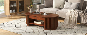 English Elm Vibe Haus Fluted Oval Wood Coffee Table with Glass Inset Two Drawers Living Room Brown N893P473269D