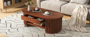English Elm Vibe Haus Fluted Oval Wood Coffee Table with Glass Inset Two Drawers Living Room Brown N893P473269D