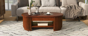 English Elm Vibe Haus Fluted Oval Wood Coffee Table with Glass Inset Two Drawers Living Room Brown N893P473269D