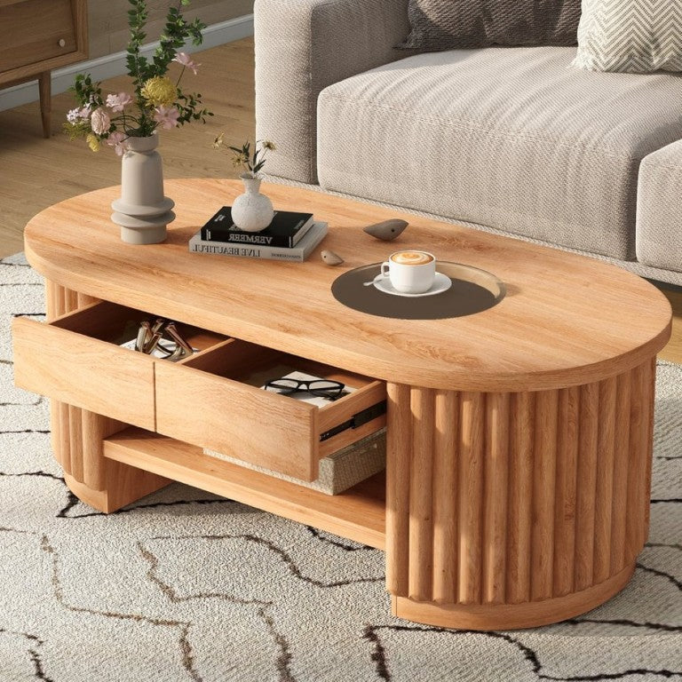 English Elm Vibe Haus Fluted Oval Wood Coffee Table with Glass Inset Two Drawers Living Room Light Brown N893P473269W