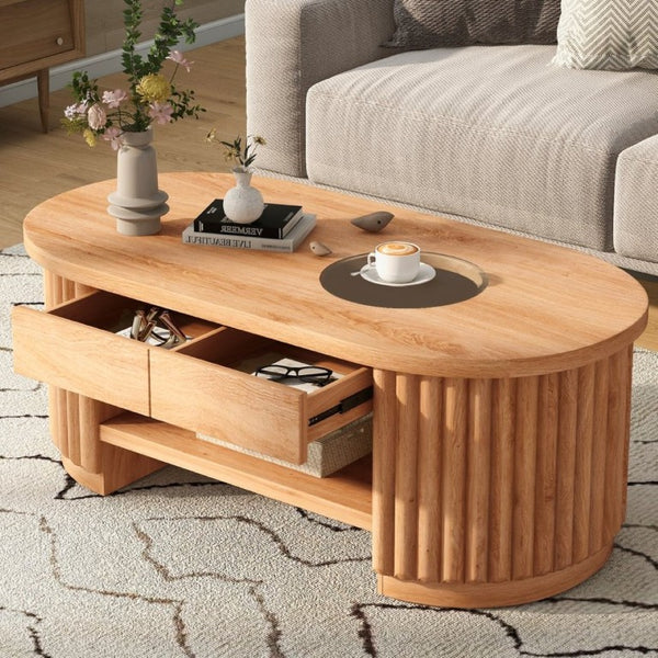 English Elm Vibe Haus Fluted Oval Wood Coffee Table with Glass Inset Two Drawers Living Room Light Brown N893P473269W