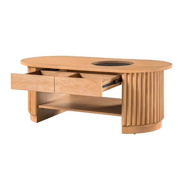 English Elm Vibe Haus Fluted Oval Wood Coffee Table with Glass Inset Two Drawers Living Room Light Brown N893P473269W