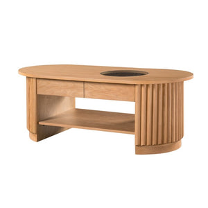 English Elm Vibe Haus Fluted Oval Wood Coffee Table with Glass Inset Two Drawers Living Room Light Brown N893P473269W