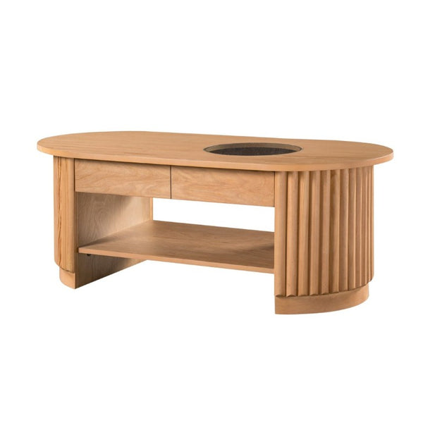 English Elm Vibe Haus Fluted Oval Wood Coffee Table with Glass Inset Two Drawers Living Room Light Brown N893P473269W