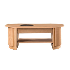 English Elm Vibe Haus Fluted Oval Wood Coffee Table with Glass Inset Two Drawers Living Room Light Brown N893P473269W