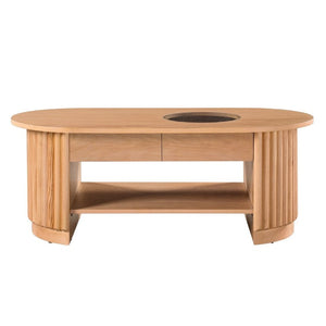 English Elm Vibe Haus Fluted Oval Wood Coffee Table with Glass Inset Two Drawers Living Room Light Brown N893P473269W