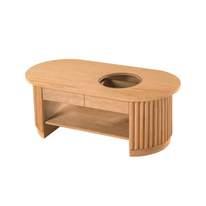 English Elm Vibe Haus Fluted Oval Wood Coffee Table with Glass Inset Two Drawers Living Room Light Brown N893P473269W
