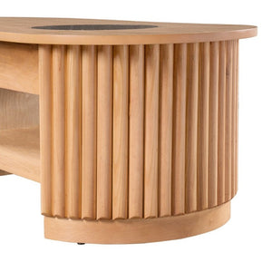 English Elm Vibe Haus Fluted Oval Wood Coffee Table with Glass Inset Two Drawers Living Room Light Brown N893P473269W