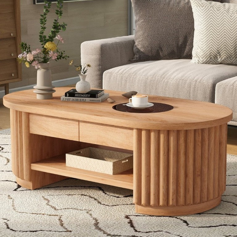 English Elm Vibe Haus Fluted Oval Wood Coffee Table with Glass Inset Two Drawers Living Room Light Brown N893P473269W