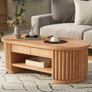 English Elm Vibe Haus Fluted Oval Wood Coffee Table with Glass Inset Two Drawers Living Room Light Brown N893P473269W